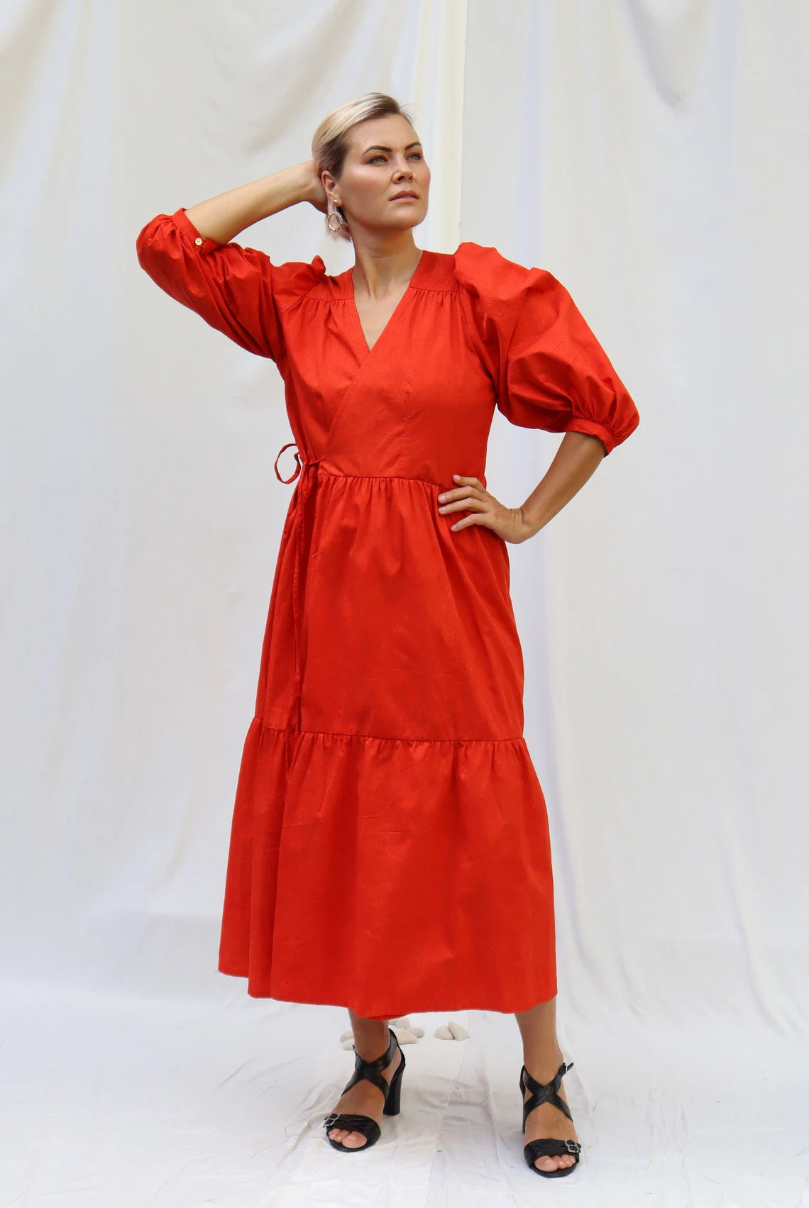 LIMITED EDITION. Uniquely hand dyed cotton dress\ Wrap dress\ cotton MIDI dress with puffy sleeves \ Casual cotton dress