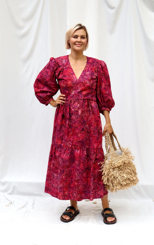 LIMITED EDITION.Hand dyed bright cotton dress BELLA\ Wrap dress\ cotton midi dress with puffy sleeves