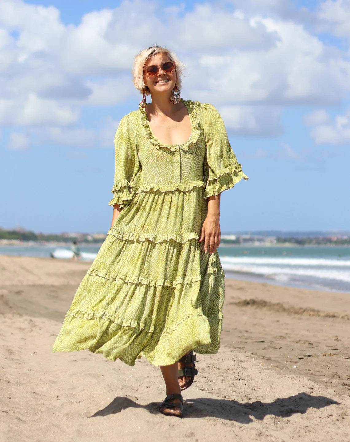 Tiered with ruffles boho dress BIANCA made of hand-painted natural fabric. Loose and light dress, for pregnant. casual\bohohemian\gypsy style.