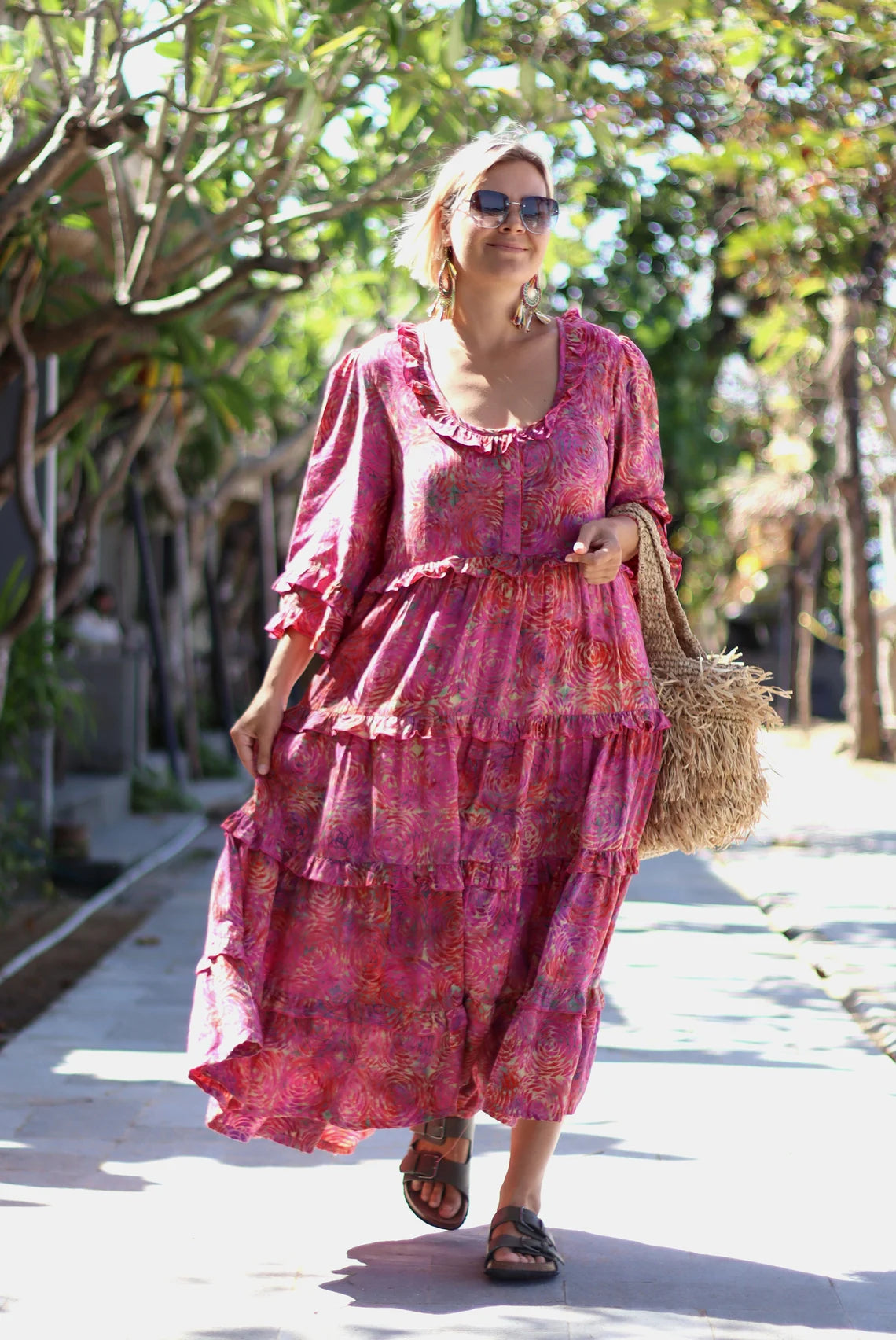 Tiered with ruffles boho dress BIANCA made of hand-painted natural fabric.LIMITED EDITION.Maternity\casual\boho\gypsy style