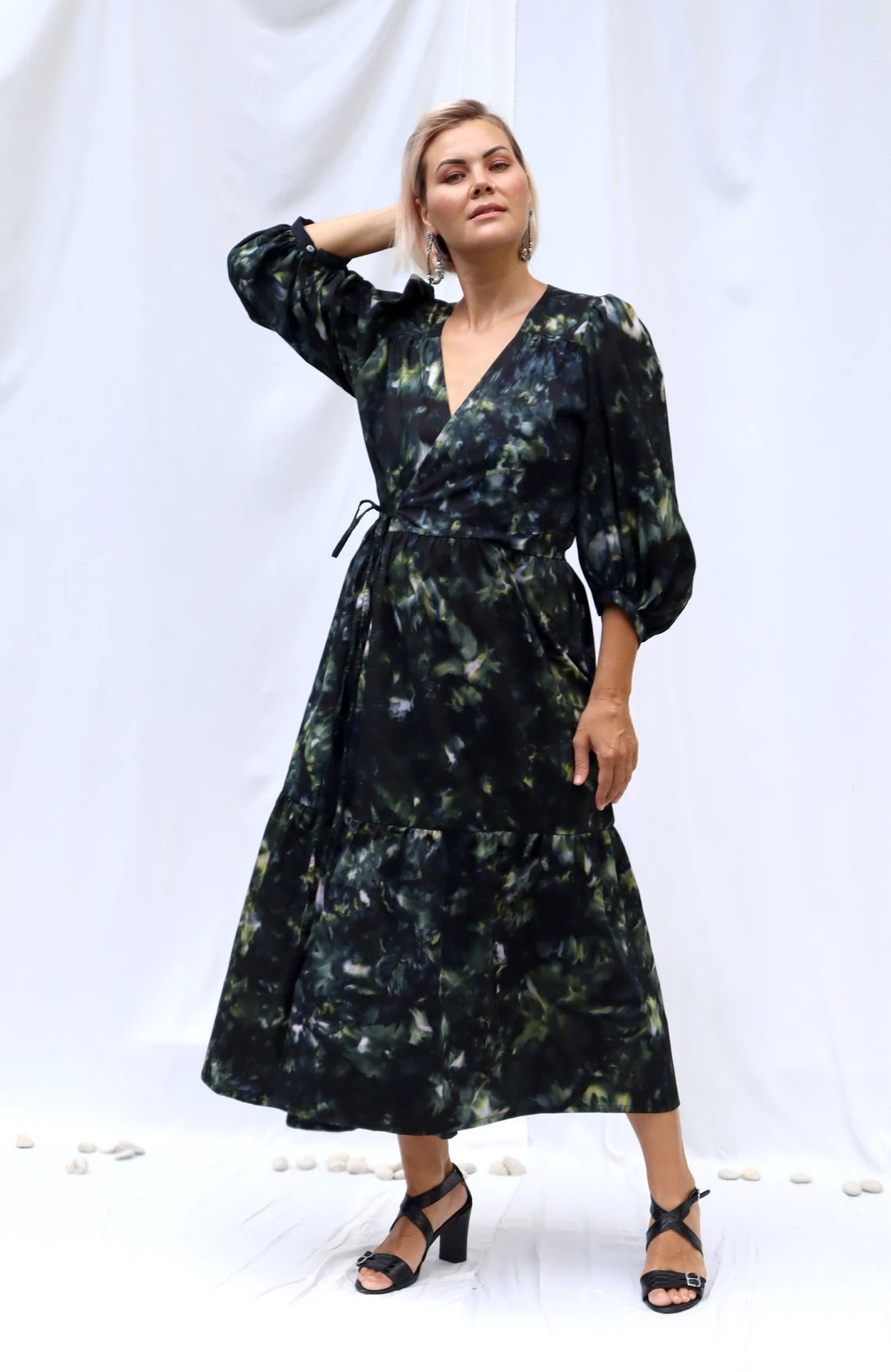 LIMITED EDITION. Uniquely hand dyed cotton dress\ Wrap dress\ cotton MIDI dress with puffy sleeves \ Casual cotton dress